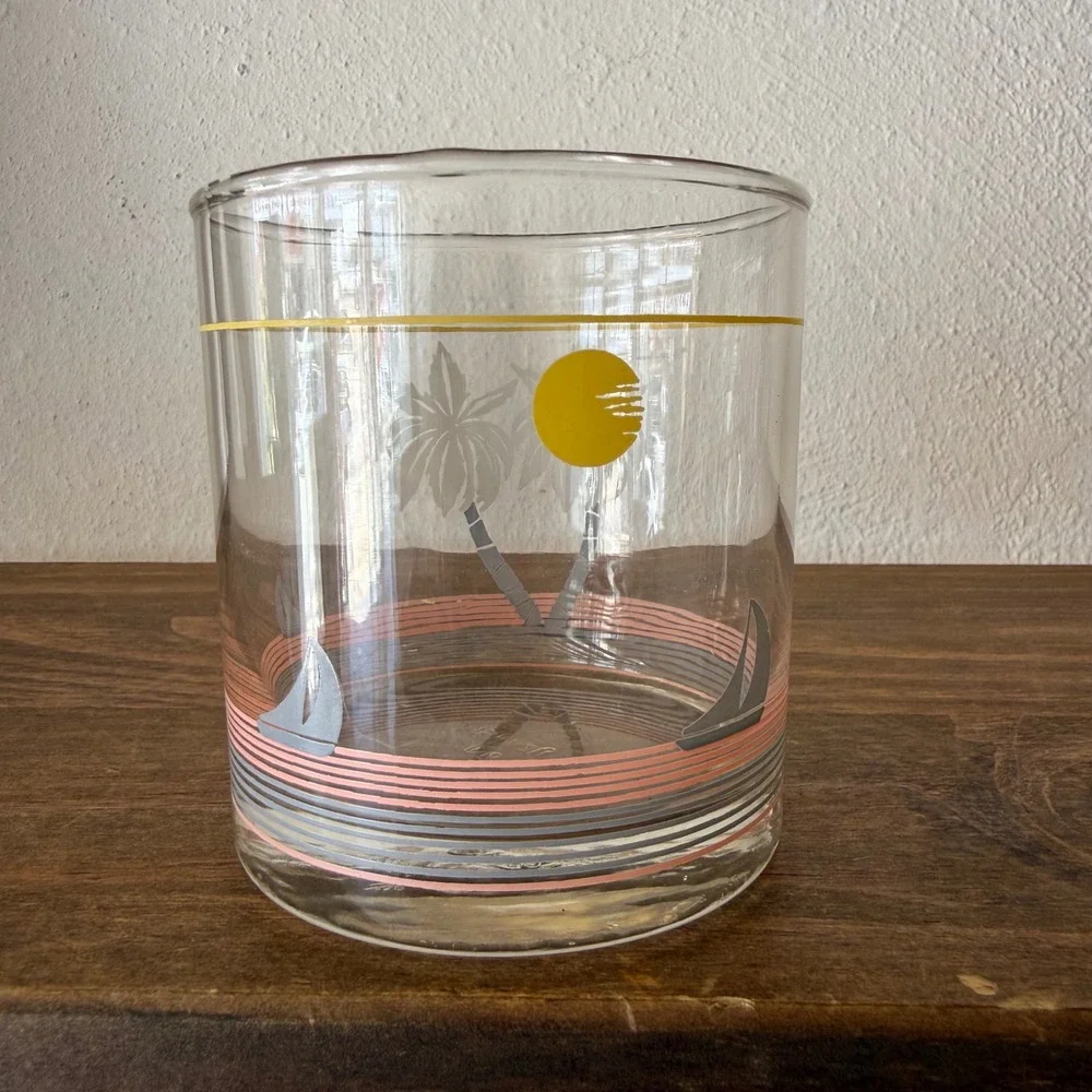 Vintage Nadir Brazil Palm Tree Sailboat Rocks Glass Retro Tropical Lowball
